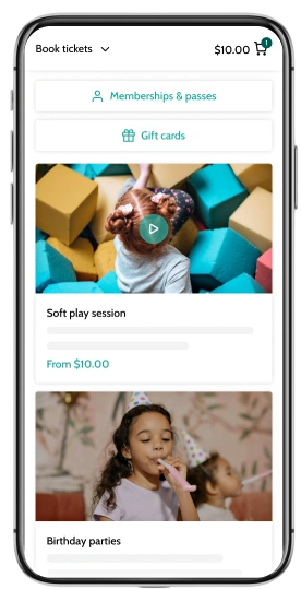 Beyonk's Indoor playground booking system on mobile. Memberships, gift cards and sessions can be bought here.